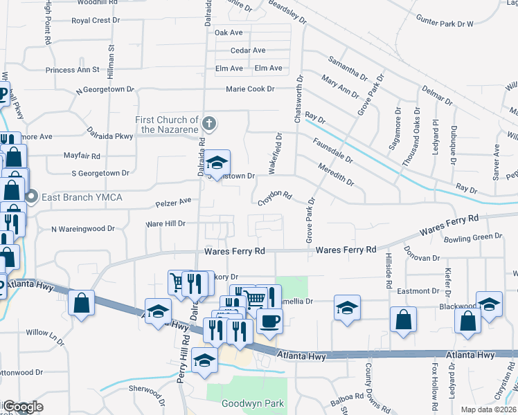 map of restaurants, bars, coffee shops, grocery stores, and more near 3916 Croydon Road in Montgomery