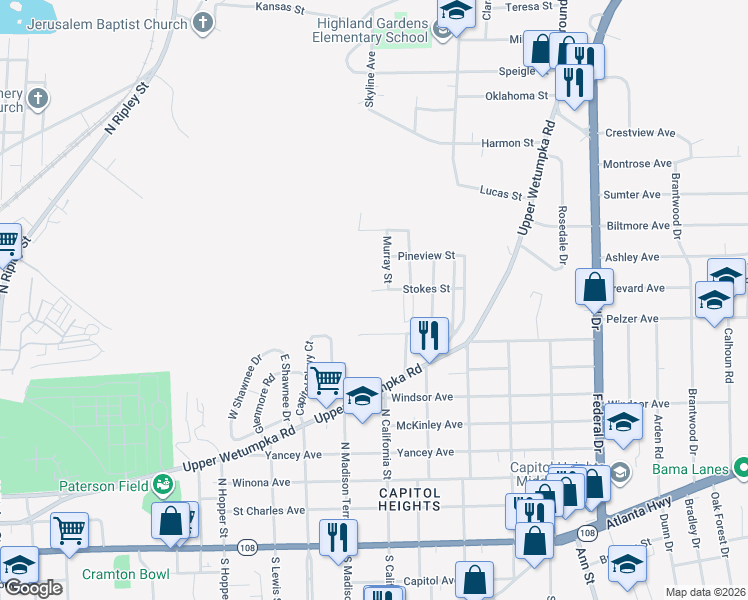 map of restaurants, bars, coffee shops, grocery stores, and more near 1850 Stokes Street in Montgomery