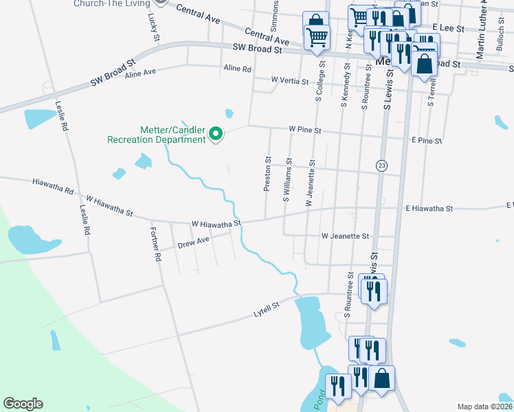 map of restaurants, bars, coffee shops, grocery stores, and more near 465 Preston Street in Metter