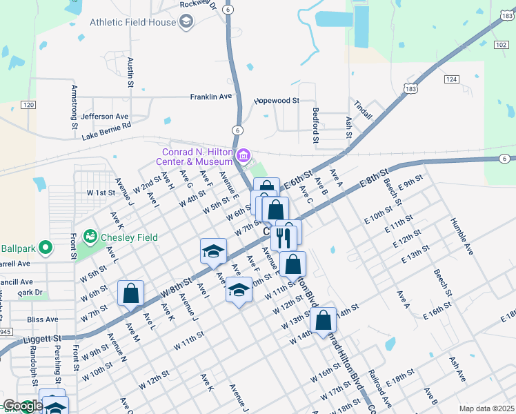 map of restaurants, bars, coffee shops, grocery stores, and more near 600 Conrad Hilton Blvd in Cisco