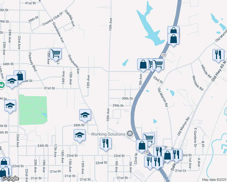 map of restaurants, bars, coffee shops, grocery stores, and more near 905 31st Street in Meridian