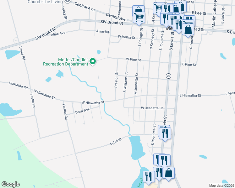 map of restaurants, bars, coffee shops, grocery stores, and more near 465 Preston Street in Metter