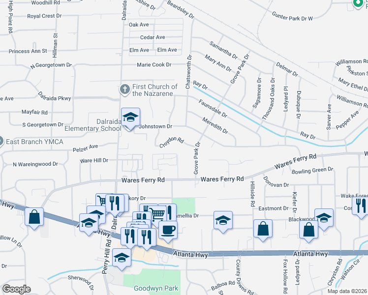 map of restaurants, bars, coffee shops, grocery stores, and more near 3958 Croydon Road in Montgomery