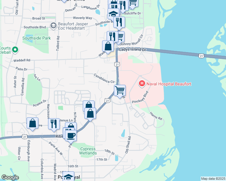 map of restaurants, bars, coffee shops, grocery stores, and more near 1614 Ribaut Rd in Port Royal