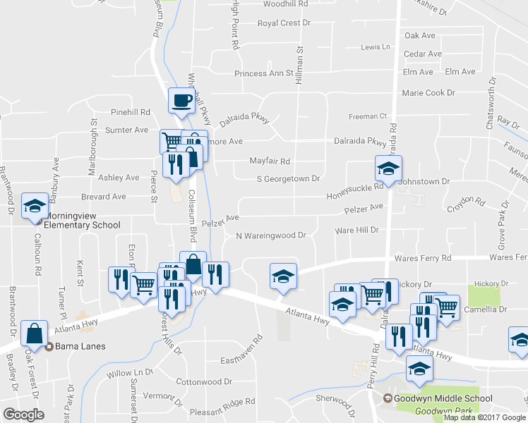 map of restaurants, bars, coffee shops, grocery stores, and more near 3557 Pelzer Avenue in Montgomery