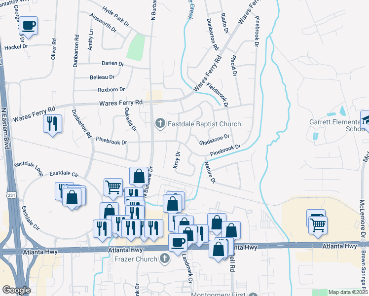 map of restaurants, bars, coffee shops, grocery stores, and more near 6114 Pinebrook Drive in Montgomery