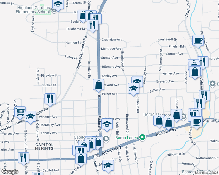 map of restaurants, bars, coffee shops, grocery stores, and more near 2732 Brevard Avenue in Montgomery