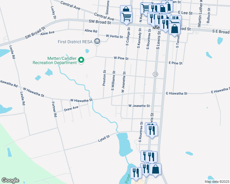 map of restaurants, bars, coffee shops, grocery stores, and more near 465 South Williams Street in Metter