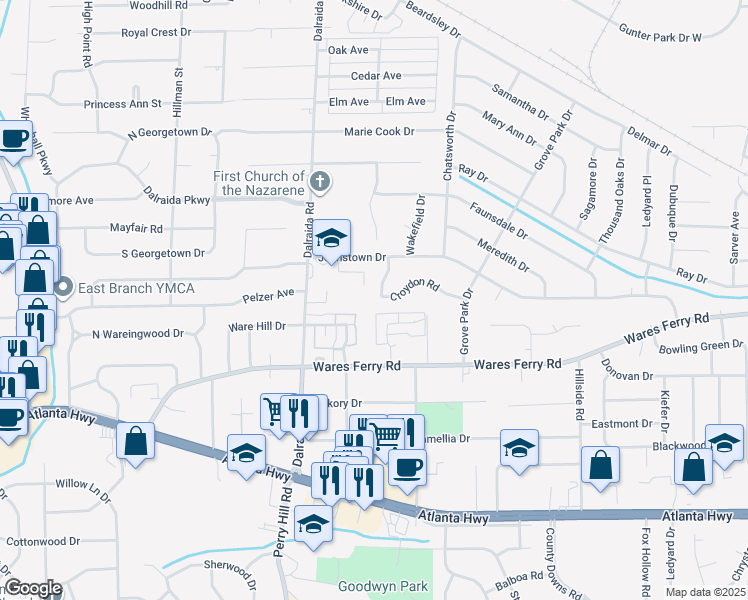 map of restaurants, bars, coffee shops, grocery stores, and more near 3916 Croydon Road in Montgomery