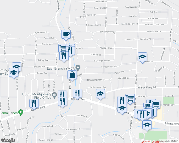 map of restaurants, bars, coffee shops, grocery stores, and more near 3537 Pelzer Avenue in Montgomery