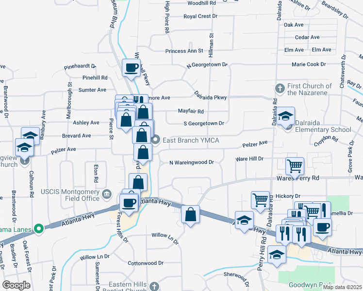 map of restaurants, bars, coffee shops, grocery stores, and more near 3557 Pelzer Avenue in Montgomery