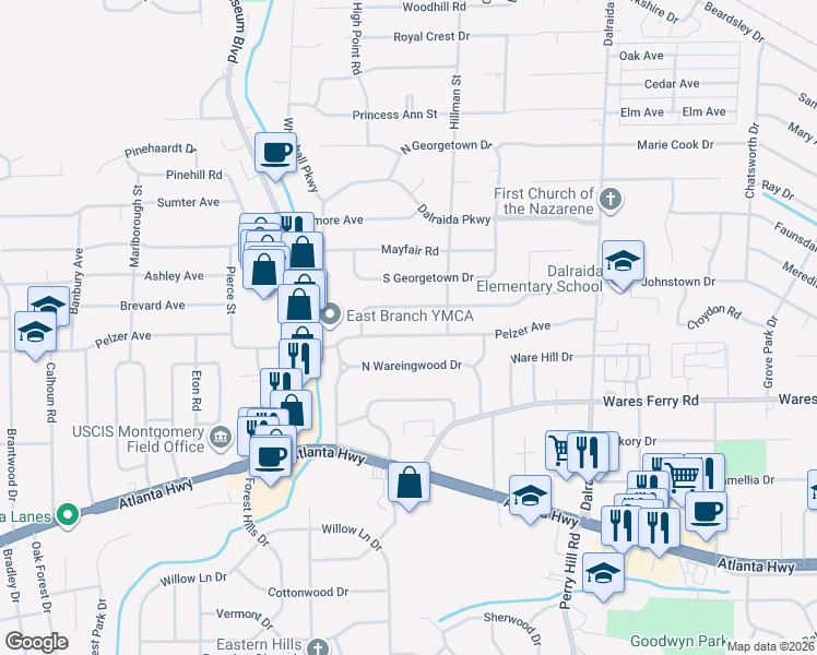map of restaurants, bars, coffee shops, grocery stores, and more near 3563 Pelzer Avenue in Montgomery