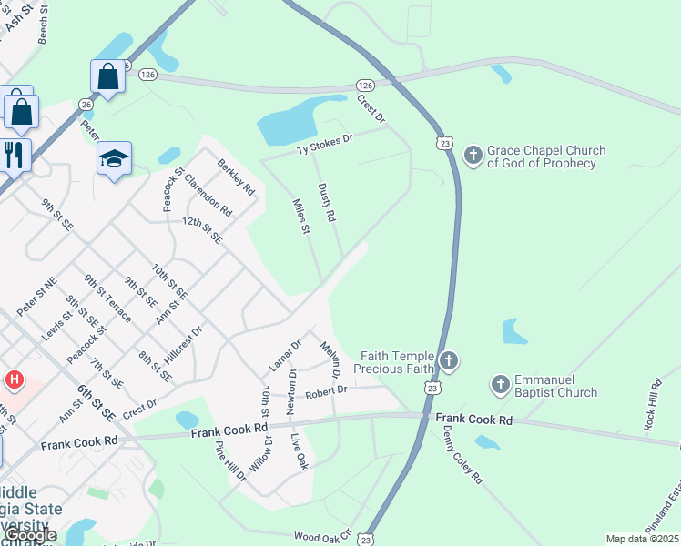 map of restaurants, bars, coffee shops, grocery stores, and more near 1305 Crest Drive in Cochran