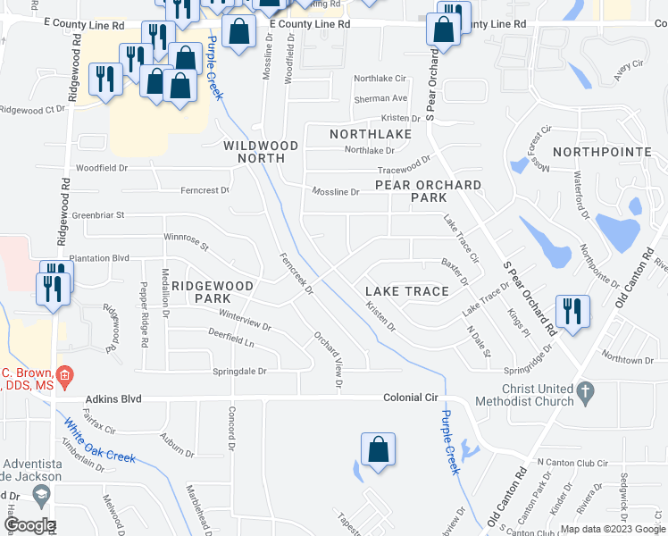 map of restaurants, bars, coffee shops, grocery stores, and more near 5892 Kristen Drive in Jackson