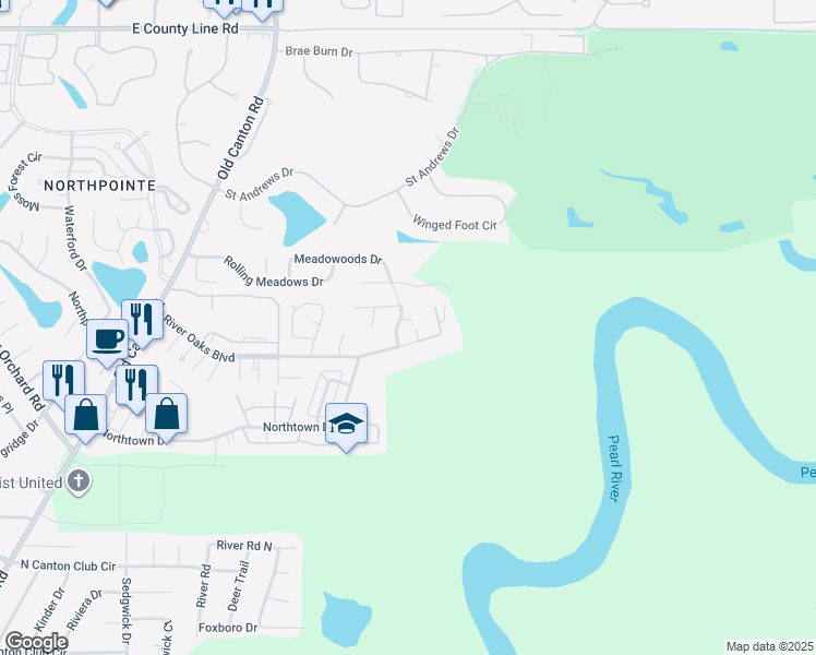 map of restaurants, bars, coffee shops, grocery stores, and more near 11 Meadowoods Circle in Jackson