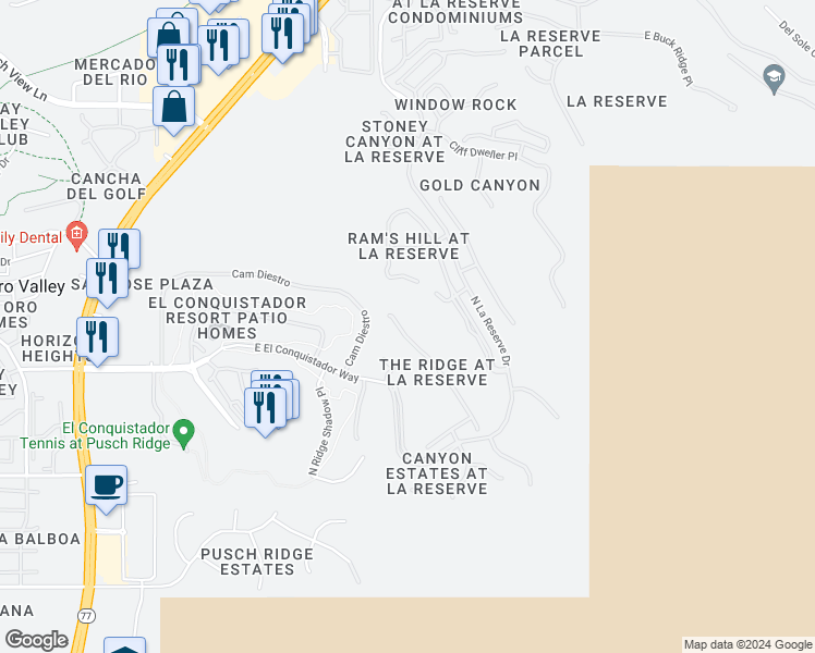 map of restaurants, bars, coffee shops, grocery stores, and more near 10110 North Bighorn Butte Drive in Oro Valley
