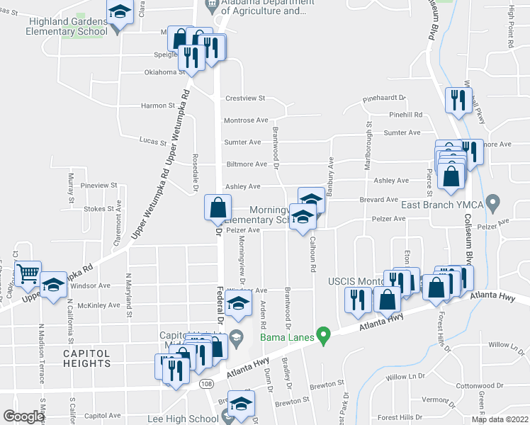 map of restaurants, bars, coffee shops, grocery stores, and more near 2764 Brevard Avenue in Montgomery