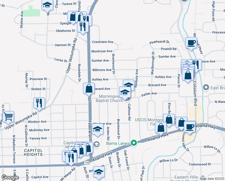 map of restaurants, bars, coffee shops, grocery stores, and more near 2770 Brevard Avenue in Montgomery