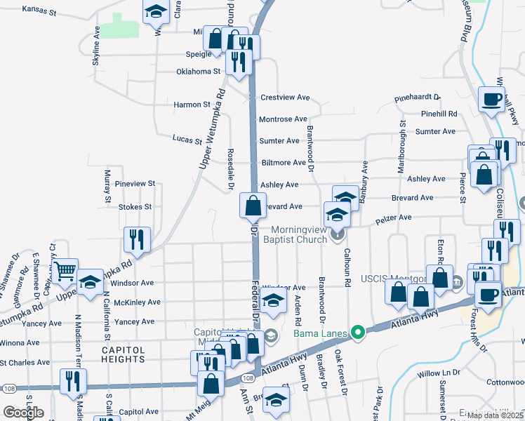 map of restaurants, bars, coffee shops, grocery stores, and more near 824 Federal Drive in Montgomery