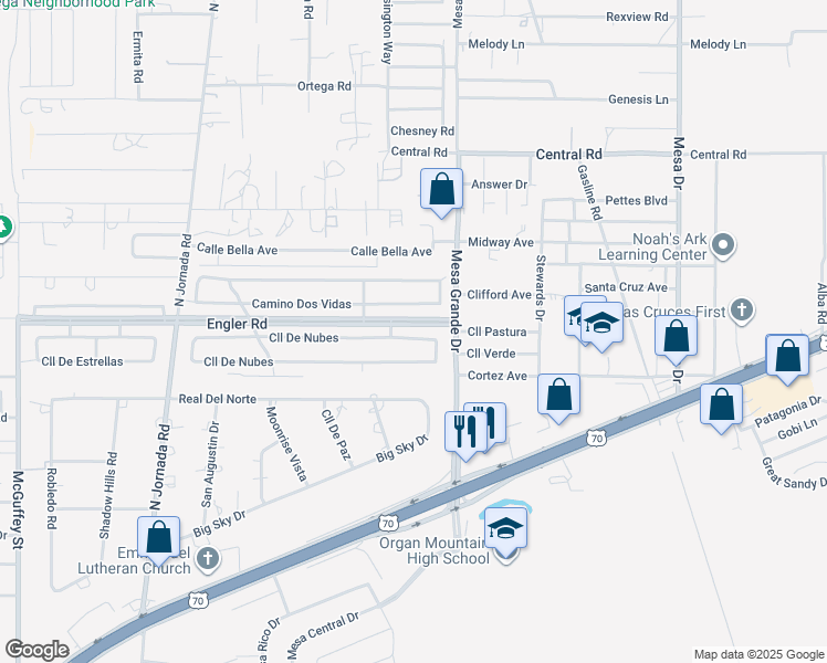 map of restaurants, bars, coffee shops, grocery stores, and more near 4664 Calle De Nubes in Las Cruces