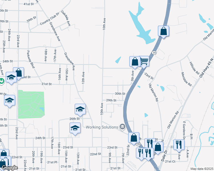map of restaurants, bars, coffee shops, grocery stores, and more near 905 31st Street in Meridian