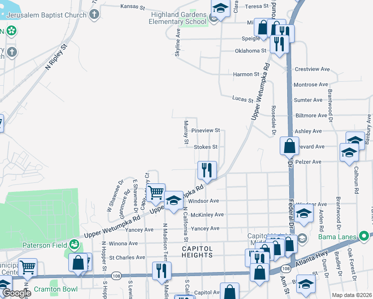 map of restaurants, bars, coffee shops, grocery stores, and more near 1850 Stokes Street in Montgomery