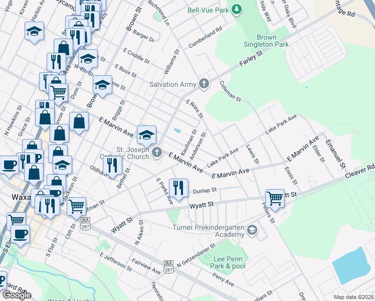 map of restaurants, bars, coffee shops, grocery stores, and more near 712 Kaufman Street in Waxahachie