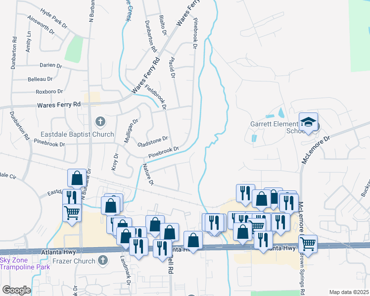 map of restaurants, bars, coffee shops, grocery stores, and more near 6308 Pinebrook Drive in Montgomery