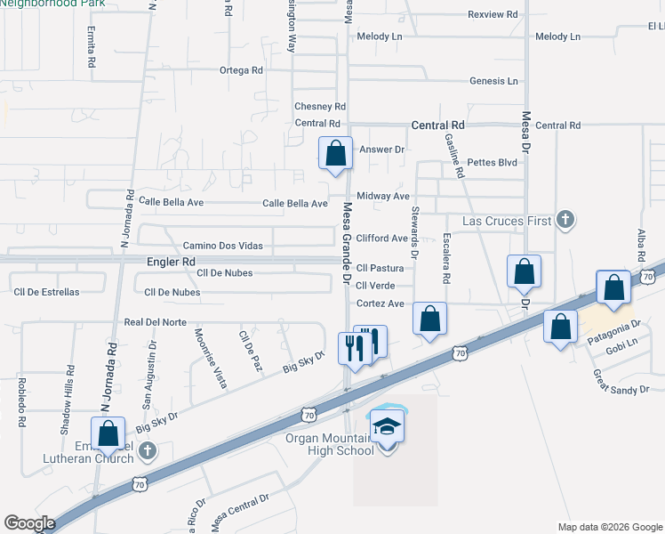 map of restaurants, bars, coffee shops, grocery stores, and more near 5217 Mesa Grande Drive in Las Cruces