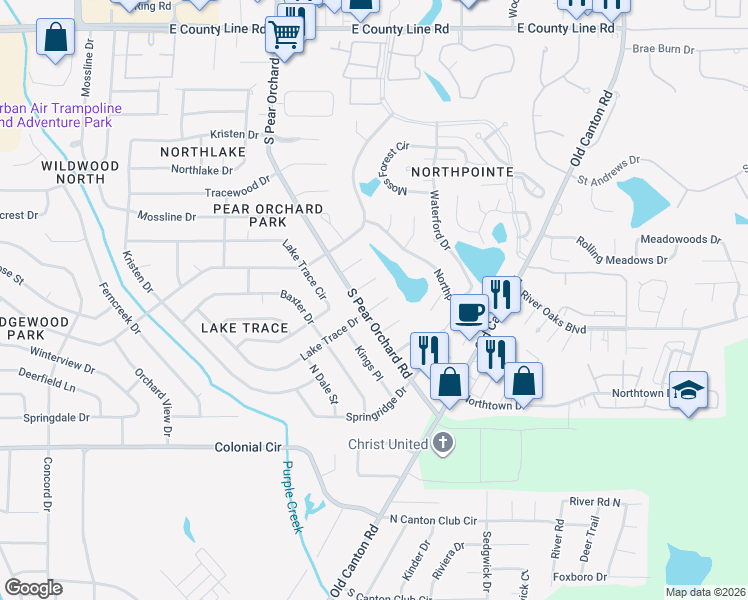 map of restaurants, bars, coffee shops, grocery stores, and more near 16 Windy Ridge Cove in Jackson