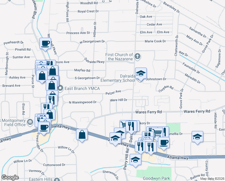 map of restaurants, bars, coffee shops, grocery stores, and more near 3809 Pelzer Avenue in Montgomery