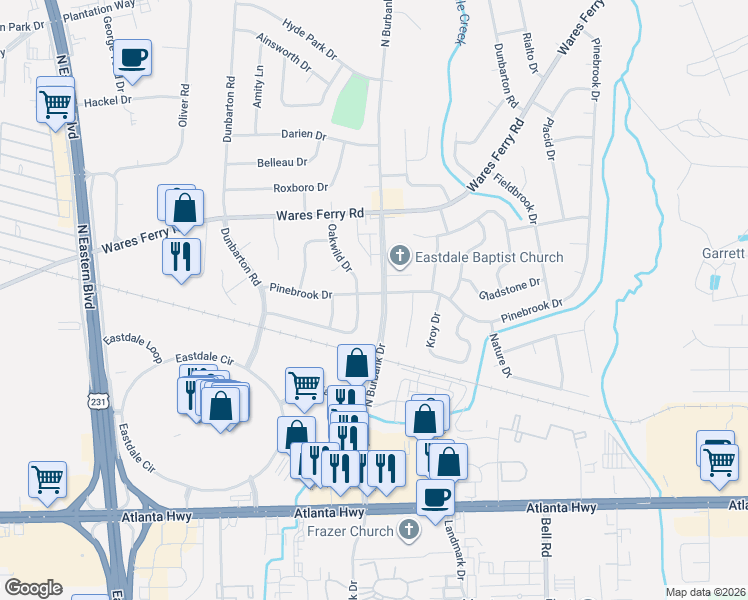 map of restaurants, bars, coffee shops, grocery stores, and more near 5836 Oakwild Drive in Montgomery