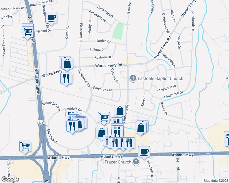 map of restaurants, bars, coffee shops, grocery stores, and more near 200-212 Autume Lane in Montgomery