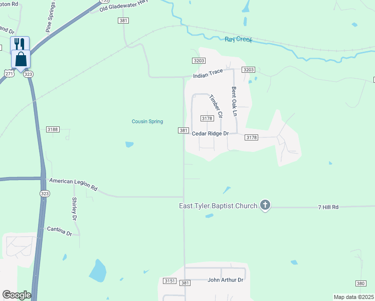 map of restaurants, bars, coffee shops, grocery stores, and more near 6797 Brown Street in Tyler