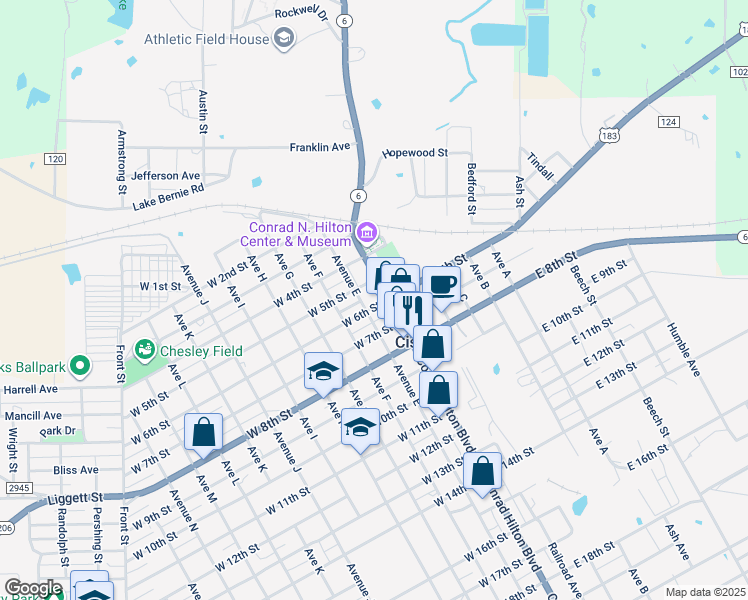 map of restaurants, bars, coffee shops, grocery stores, and more near 600 Conrad Hilton Boulevard in Cisco