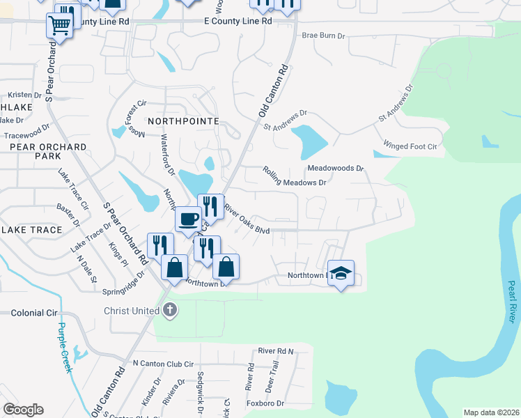map of restaurants, bars, coffee shops, grocery stores, and more near 6300 Old Canton Road in Jackson