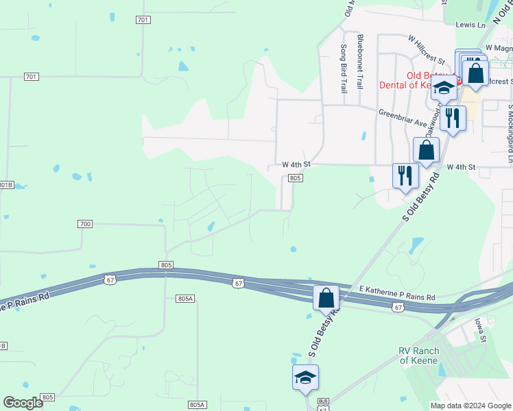 map of restaurants, bars, coffee shops, grocery stores, and more near 2129 County Road 805 in Cleburne