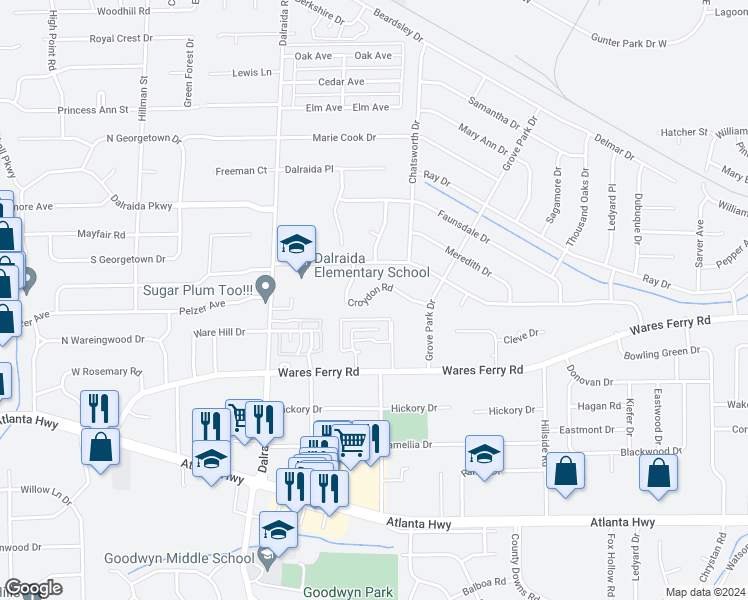 map of restaurants, bars, coffee shops, grocery stores, and more near 3940 Croydon Road in Montgomery