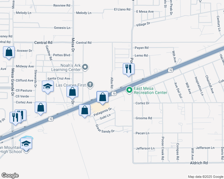 map of restaurants, bars, coffee shops, grocery stores, and more near 7301 Alba Road in Las Cruces
