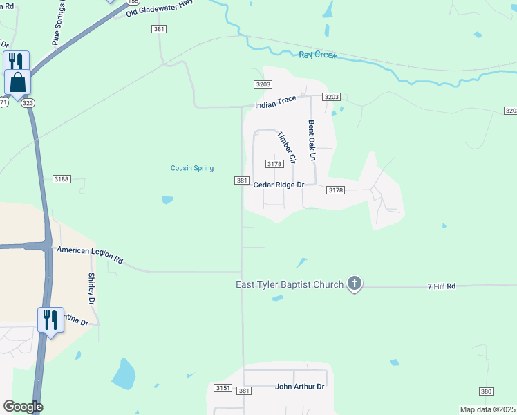 map of restaurants, bars, coffee shops, grocery stores, and more near 6797 Brown Street in Tyler