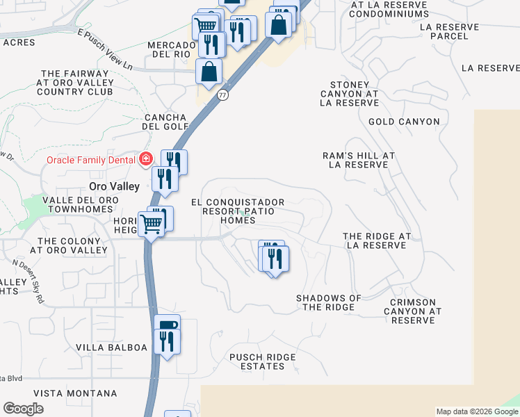 map of restaurants, bars, coffee shops, grocery stores, and more near 950 Camino Corrida in Oro Valley