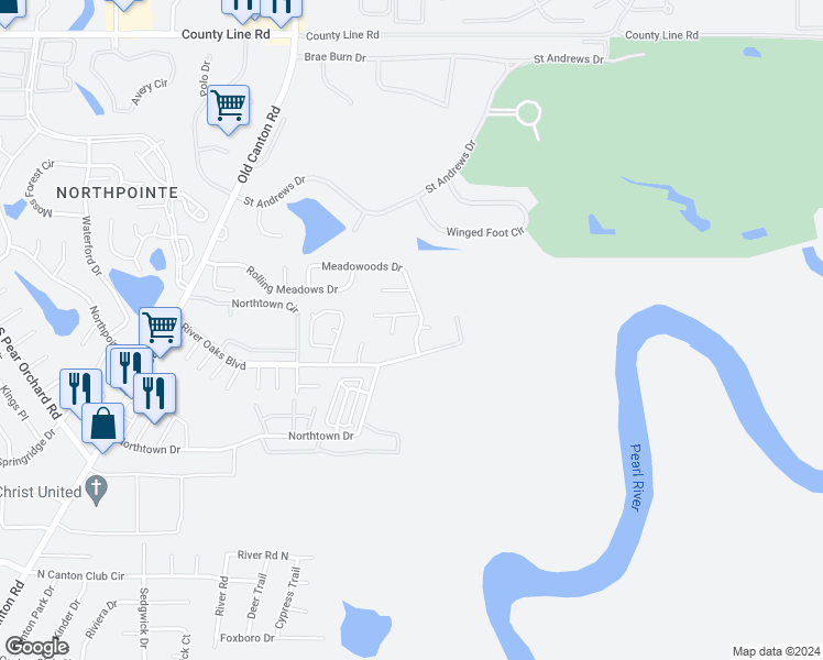 map of restaurants, bars, coffee shops, grocery stores, and more near 339 Meadowoods Drive in Jackson