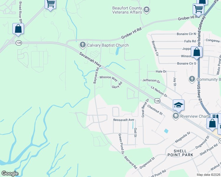 map of restaurants, bars, coffee shops, grocery stores, and more near 136 Glory Road in Beaufort