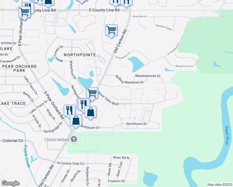 map of restaurants, bars, coffee shops, grocery stores, and more near 6300 Old Canton Road in Jackson