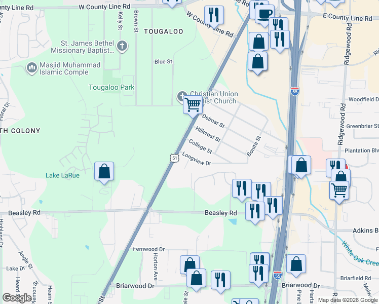 map of restaurants, bars, coffee shops, grocery stores, and more near 5911 Holmes Court in Jackson