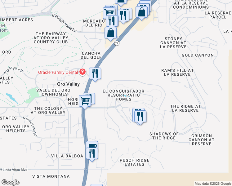 map of restaurants, bars, coffee shops, grocery stores, and more near 797 Camino Corrida in Oro Valley