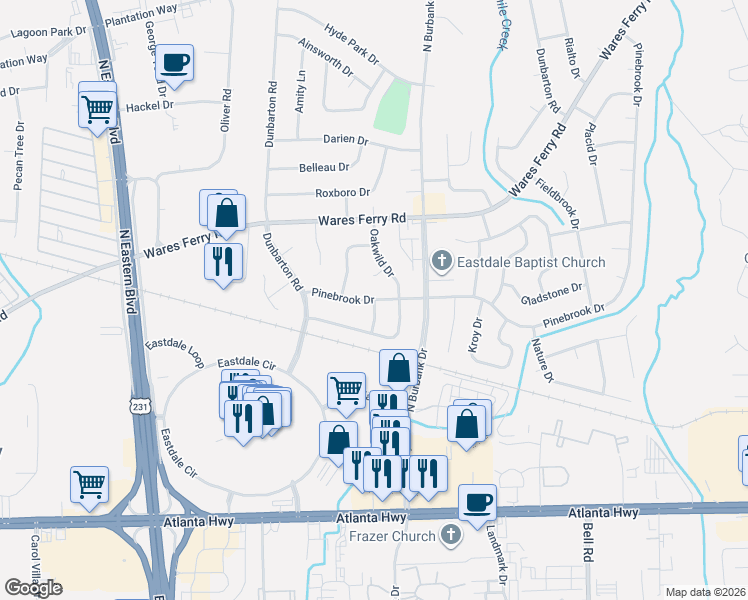 map of restaurants, bars, coffee shops, grocery stores, and more near 200 Autume Lane in Montgomery