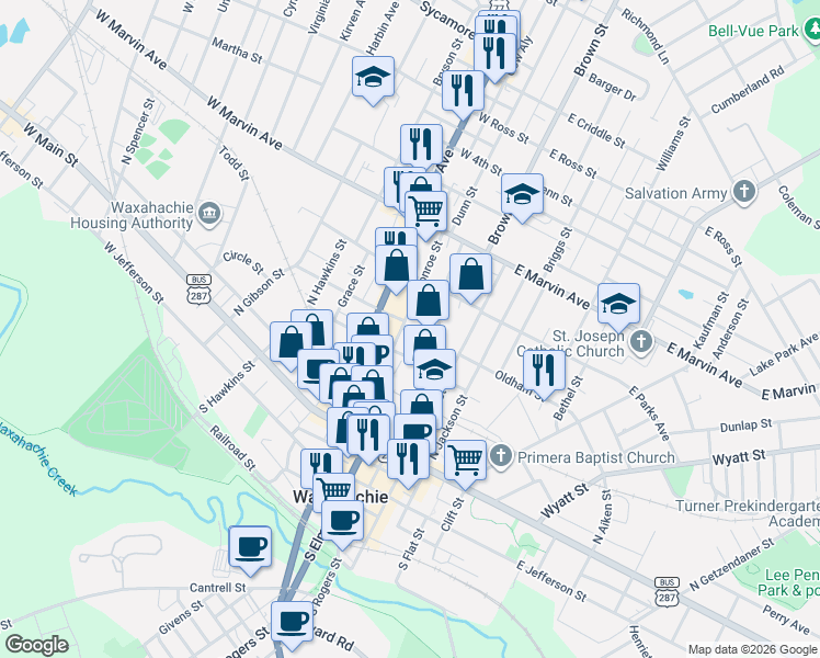 map of restaurants, bars, coffee shops, grocery stores, and more near 405 North Monroe Street in Waxahachie