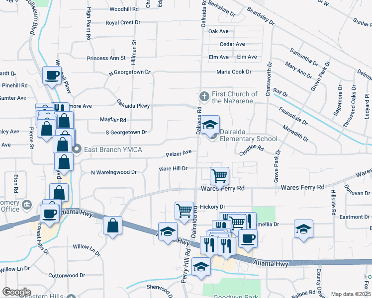 map of restaurants, bars, coffee shops, grocery stores, and more near 3857 Pelzer Avenue in Montgomery