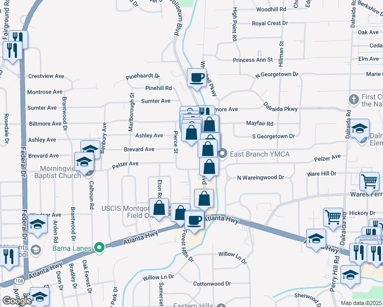 map of restaurants, bars, coffee shops, grocery stores, and more near 369 Coliseum Boulevard in Montgomery
